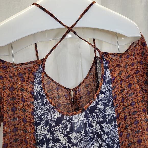 Intu Sheer Patchwork Floral Blouse w. Cris Cross Straps and Drop Sleeves, M - Picture 7 of 7